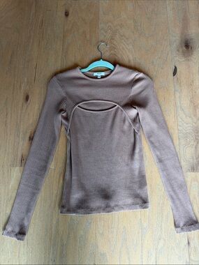 Agolde Taupe Ribbed Long-Sleeve Top with Sweetheart Seam M